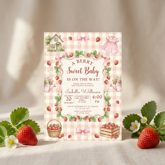 Strawberry bow baby shower First Berry Sweet Kaart