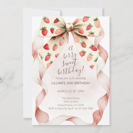 Strawberry Bow Berry Sweet Second Birthday  Kaart (Voorkant)