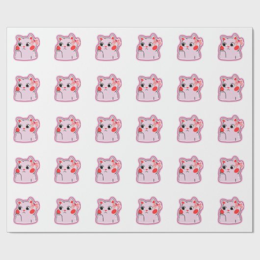 Strawberry Bow Roze Kat – Schattigee Cartoon Ontwe Cadeaupapier (Vlak)