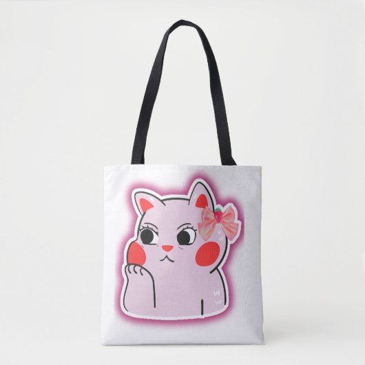 Strawberry Bow Roze Kat – Schattigee Cartoon Ontwe Tote Bag (Voorkant)