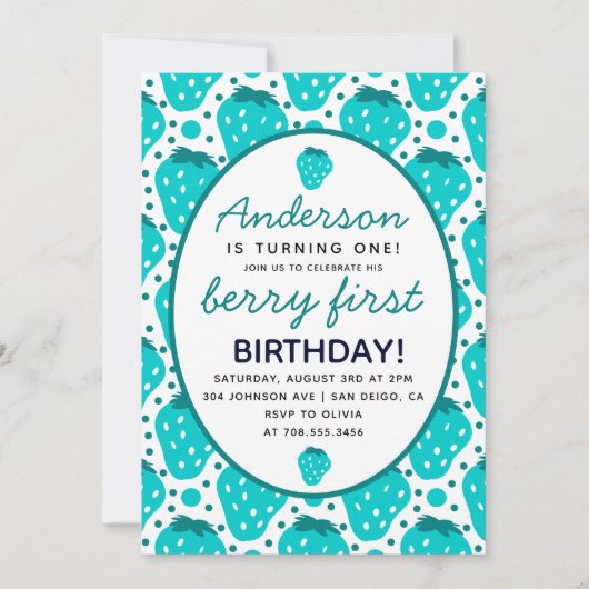 Strawberry Boy Berry First Birthday Party Modern Kaart (Voorkant)