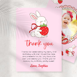 Strawberry Bunny 1st Birthday Photo Thank You Card Kaart