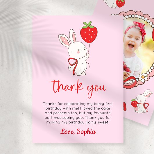 Strawberry Bunny Birthday Photo Thank You Card Kaart