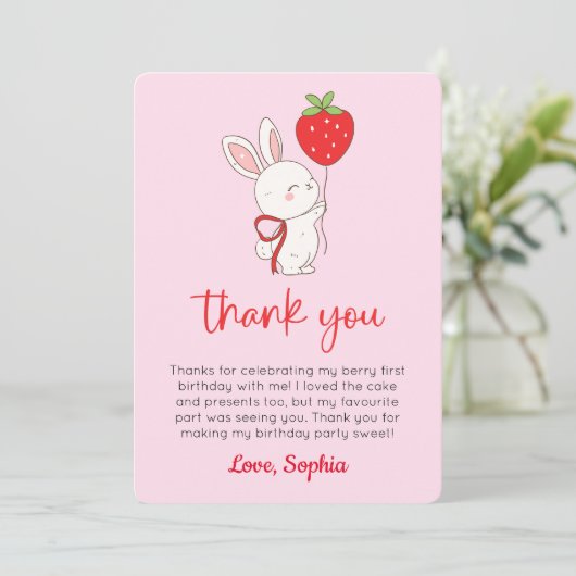 Strawberry Bunny Birthday Photo Thank You Card Kaart (Staand voorkant)
