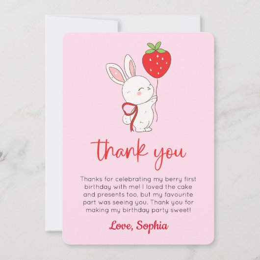 Strawberry Bunny Birthday Photo Thank You Card Kaart (Voorkant)