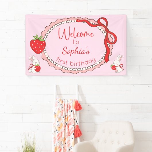 Strawberry Bunny Birthday Welcome Sign Banner (Insitu)