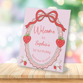 Strawberry Bunny Pink Frame Welcome Birthday Reclamebord Met Voetstuk