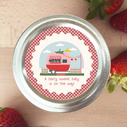 Strawberry Camper Gingham Berry Sweet Baby shower Ronde Sticker