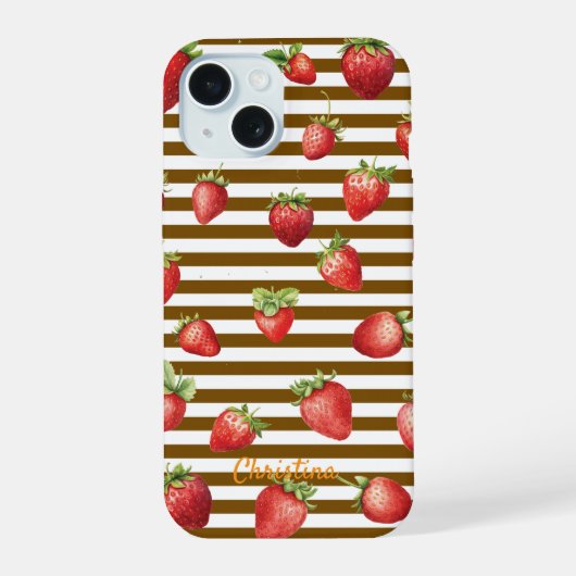 Strawberry Cocoa Stripes personaliseren iPhone Cas 15 Case (Achterkant)