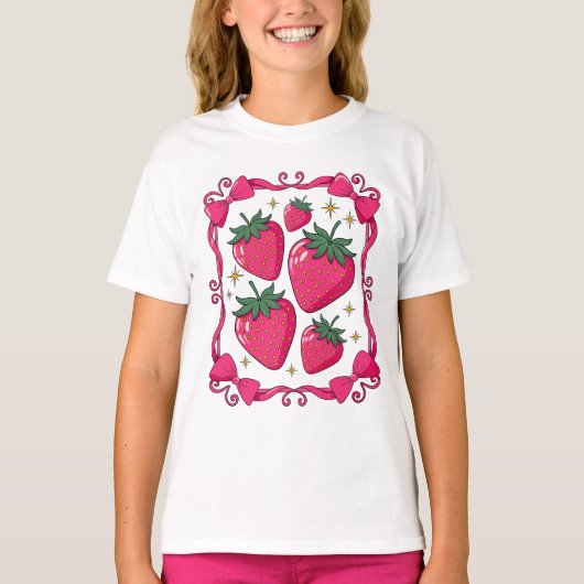 Strawberry Coquette Aesthetic Pink Bow Cute Design T-shirt (Voorkant)