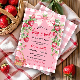 Strawberry Coquette Berry Sweet Baby Shower Kaart