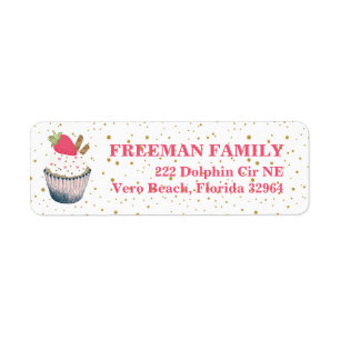 Strawberry Cupcake Adreslabel – Roze en Goud S Etiket