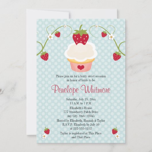 Strawberry Cupcake Bridal Shower Invitation Blue Kaart (Voorkant)