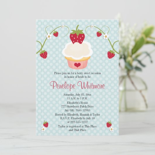 Strawberry Cupcake Bridal Shower Invitation Blue Kaart (Staand voorkant)