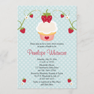 Strawberry Cupcake Bridal Shower Invitation Blue Kaart