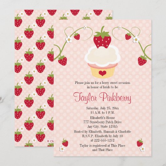 Strawberry Cupcake Bridal Shower Invitation roze Kaart (Voorkant / Achterkant)