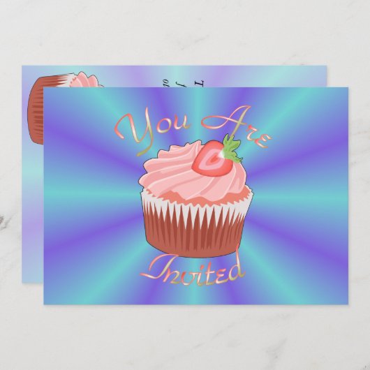 Strawberry Cupcake Invitation Kaart (Voorkant / Achterkant)