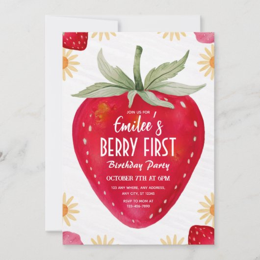 Strawberry & Daisy Berry Uitnodiging voor eerste v (Voorkant)
