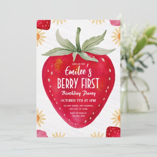 Strawberry & Daisy Berry Uitnodiging voor eerste v (Staand voorkant)