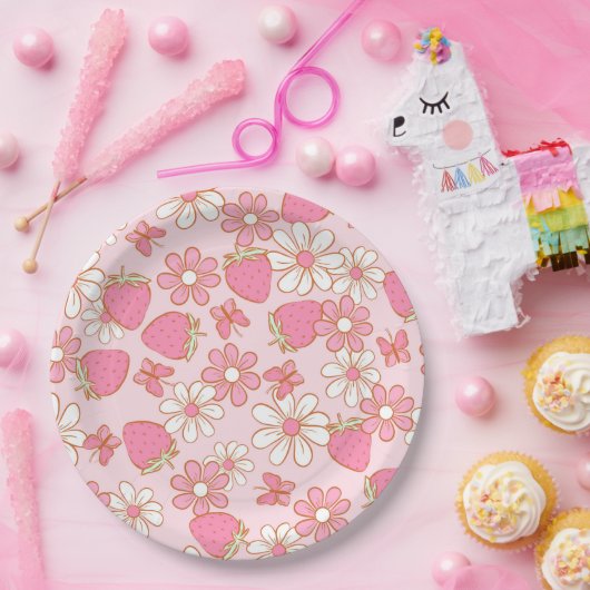 Strawberry Daisy Pattern Papieren Bordje (Feest)