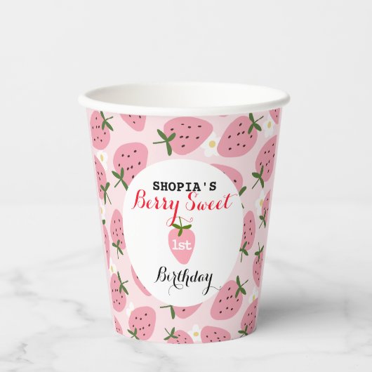 Strawberry Delight eerste verjaardag Papieren Bekers (Voorkant)