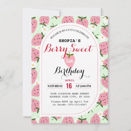 Strawberry Delight eerste verjaardag uitnodiging (Voorkant)