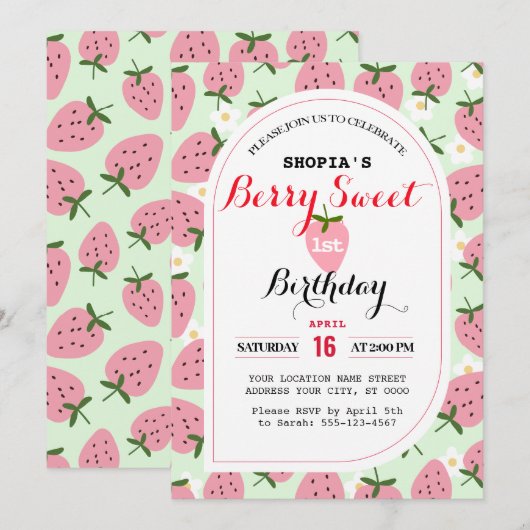 Strawberry Delight eerste verjaardag uitnodiging (Voorkant / Achterkant)