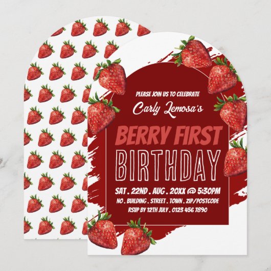 Strawberry Design, Berry eerste verjaardag uitnodi Kaart (Voorkant / Achterkant)