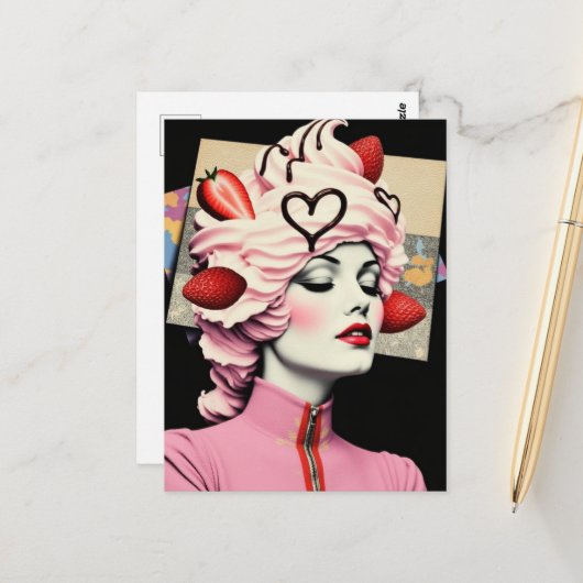 Strawberry Dessert Woman Collage Briefkaart (Voorkant / Achterkant in situ)