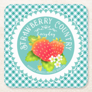 Strawberry Doilies Blauwgroen Gingham Kartonnen Onderzetters