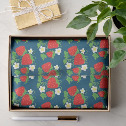 Strawberry en Flowers Pattern Blue Tissuepapier (Geschenk)