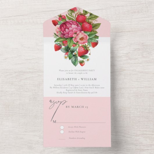 Strawberry en Peonies Engagement Party Rsvp All In One Uitnodiging (Binnen)