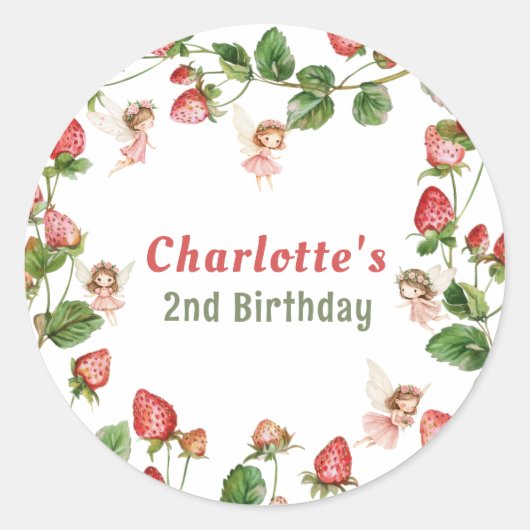 Strawberry enchanted fairy garden birthday  ronde sticker (Voorkant)