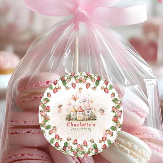 Strawberry enchanted fairy garden birthday  ronde sticker