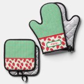 Strawberry Fields en Green Gingham Check Ovenwant & Pannenlap Set (Voorkant / Achterkant)