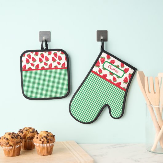 Strawberry Fields en Green Gingham Check Ovenwant & Pannenlap Set (Insitu(Ophanging))