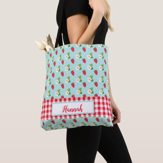 Strawberry Fields - Red Gingham Check Monogram Tote Bag (Dichtbij)