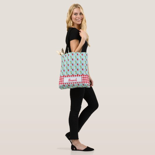 Strawberry Fields - Red Gingham Check Monogram Tote Bag (Op model)