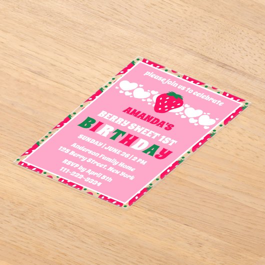 Strawberry First Birthday Celebration Acryl Uitnodigingen (Laagn)