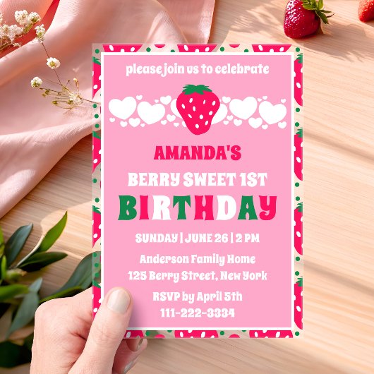 Strawberry First Birthday Celebration Acryl Uitnodigingen