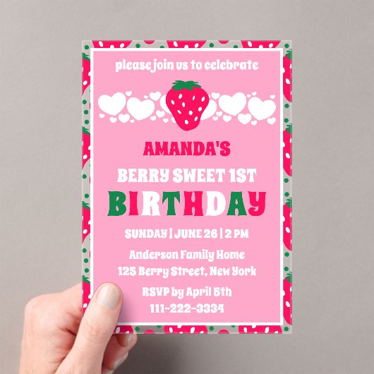 Strawberry First Birthday Celebration Acrylic Acryl Uitnodigingen (Insitu (Draagbaar))