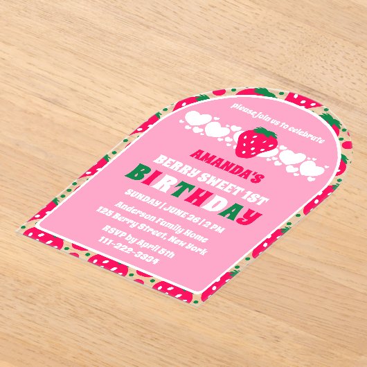 Strawberry First Birthday Celebration Arch Acryl Uitnodigingen (Laagn)