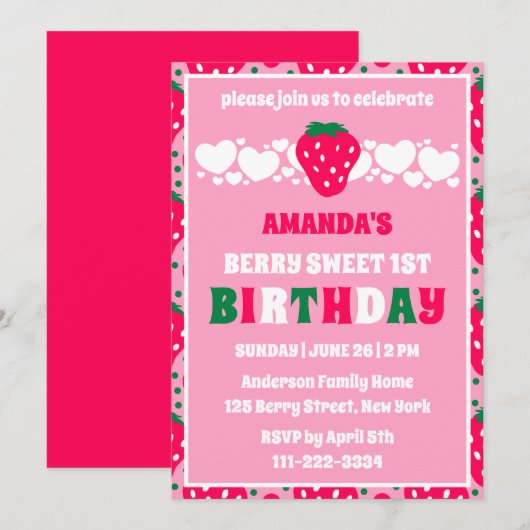 Strawberry First Birthday Celebration Invitation Kaart (Voorkant / Achterkant)