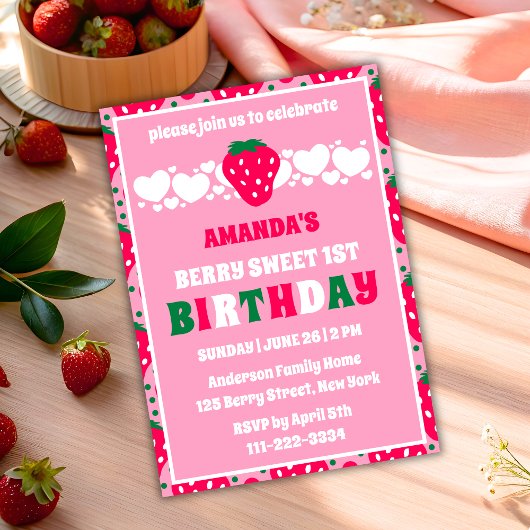 Strawberry First Birthday Celebration Invitation Kaart