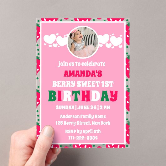 Strawberry First Birthday Celebration Photo Acryl Uitnodigingen (Insitu (Draagbaar))