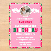 Strawberry First Birthday Celebration Photo Acryl Uitnodigingen (Voorkant)
