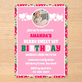 Strawberry First Birthday Celebration Photo Acryl Uitnodigingen