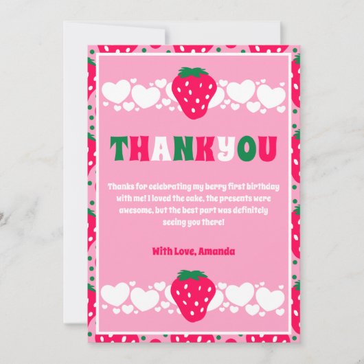 Strawberry First Birthday Celebration Photo Bedankkaart (Voorkant)