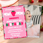 Strawberry First Birthday Celebration Photo Kaart