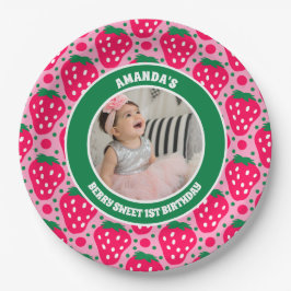 Strawberry First Birthday Celebration Photo Papieren Bordje